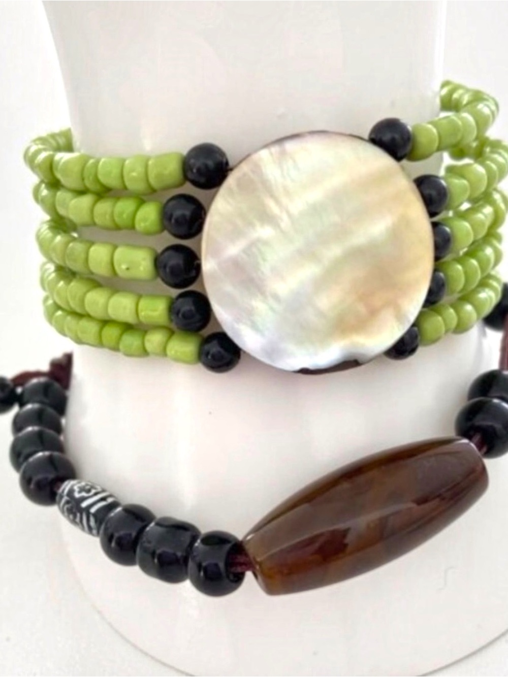 Handmade Multi-Strand Beaded Bracelet With Shell Accent & Wood Beads